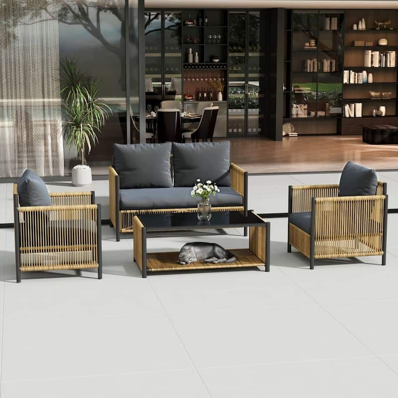 6 PCS Outdoor Patio Furniture Set PE Wicker Sofa Set - 1 X Coffee table + 2 X Chairs + 1 X Loveseat
