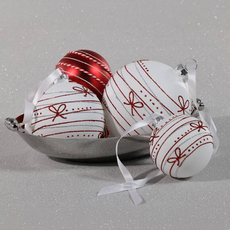 4-Piece Set Matte 4.75" Glass Christmas Ball Ornaments with Red Ribbon Design