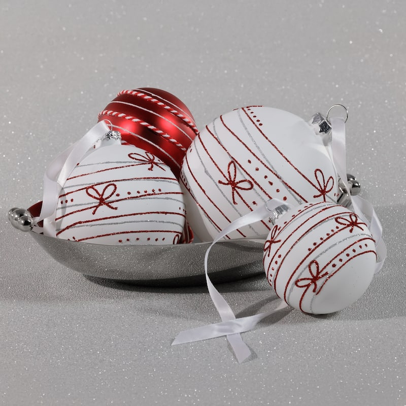 Matte Glass Holiday Ball Ornaments with Red Ribbon Design, Set of 6, 4"