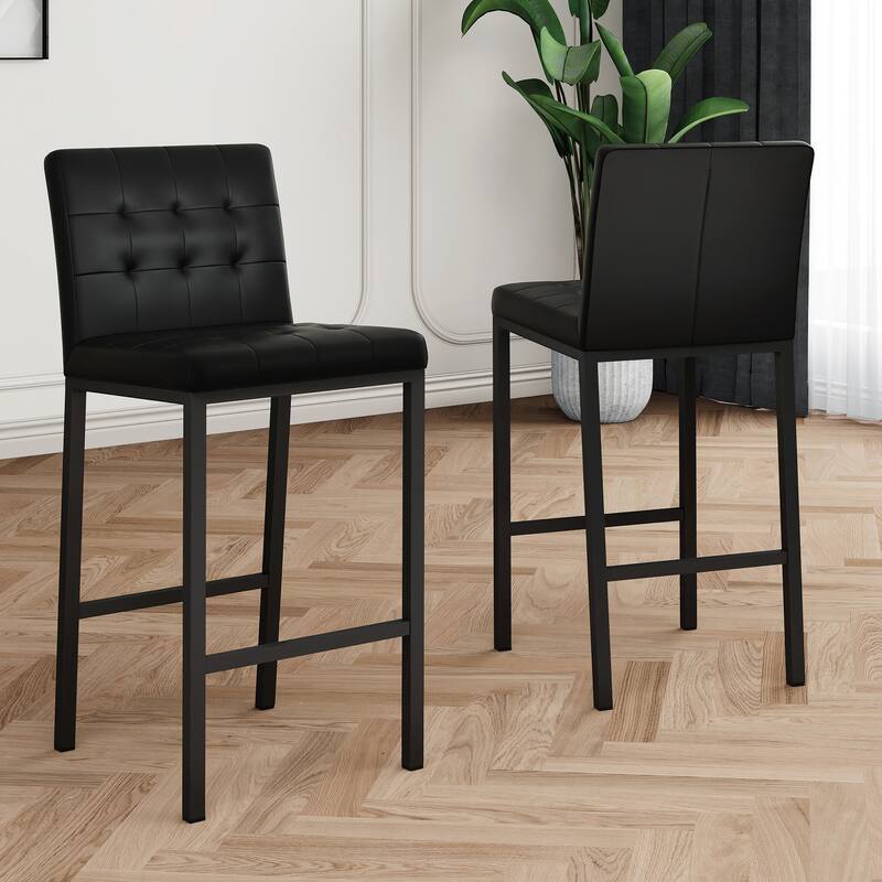 Modern High Bar Stools Set of 2, Kitchen Stool Island with PU Backrest, Gaming Chair with Metal Legs and Footstool