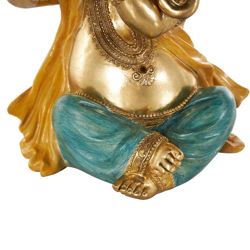Gold Resin Musician Ganesh Decorative Sculpture with Green, Yellow, and Teal Accents