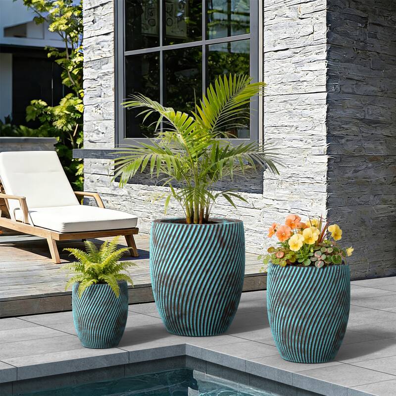 Concrete Tall Round Planter with Teal Stripes with Drainage Holes