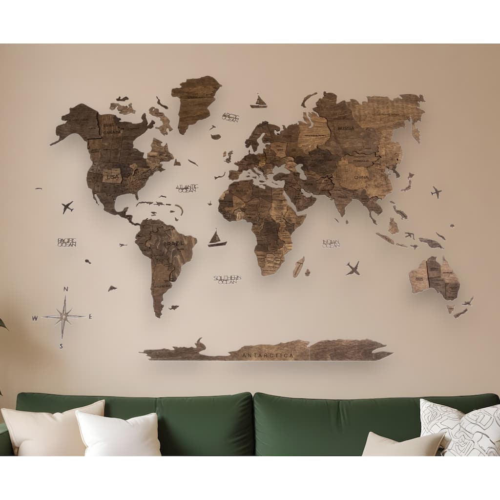 HomeRoots 47" X 79" Dark Brown Wood World Map Hanging Dimensional Sculpture