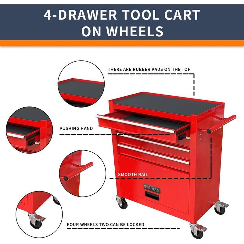 4-Drawer Rolling Tool Cart Storage Tool Box Cabinet Locked Organizer