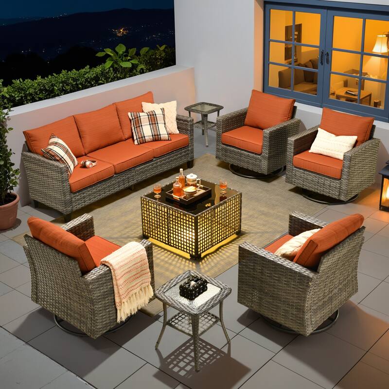 OVIOS 8 Pieces Outdoor Swivel Chair Set with Solar-Powered Table