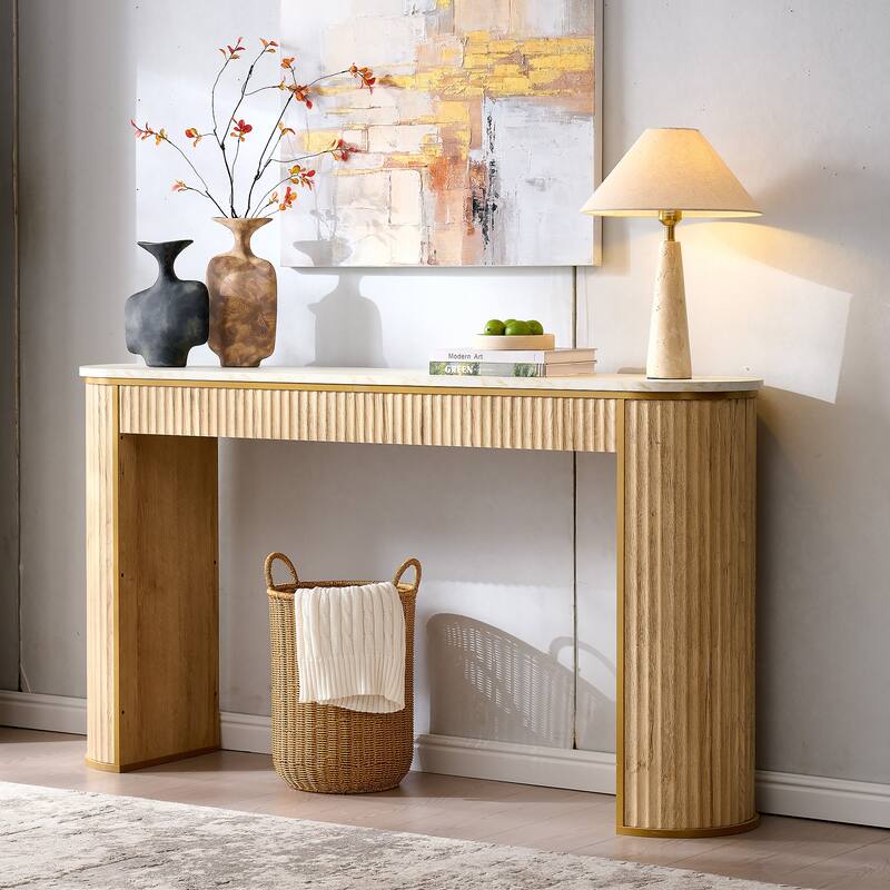 Modern 63" Fluted Console Table, Faux Marble Texture Top, Entry Table - Natural Oak