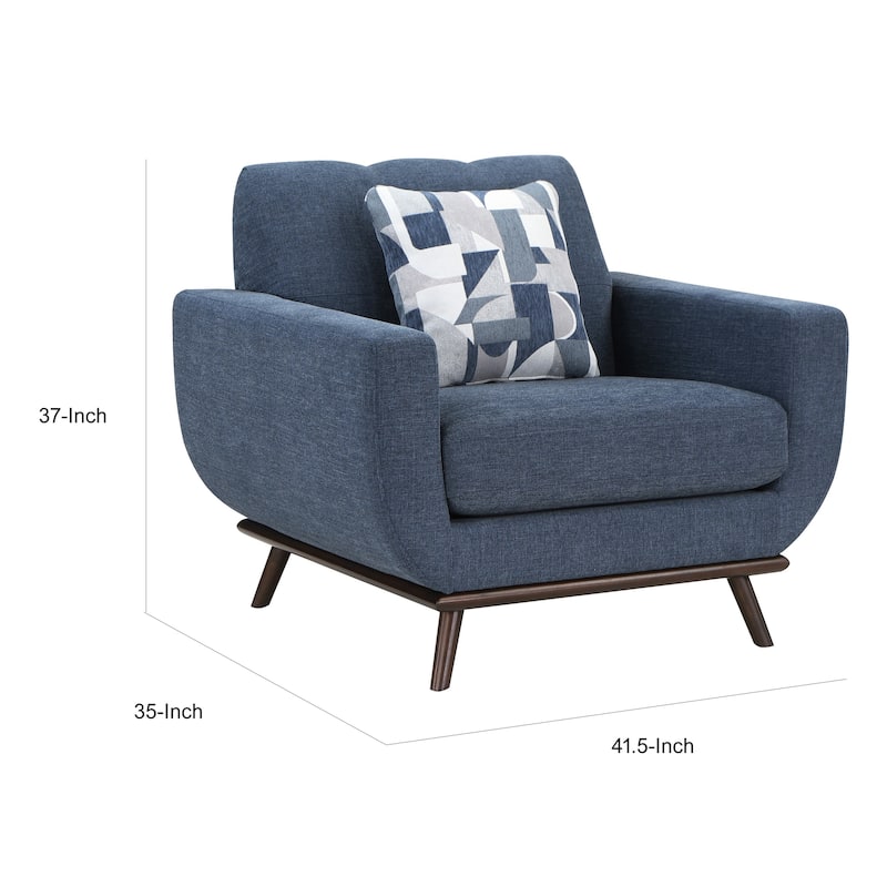 Keto 42 Inch Accent Chair, Blue Chenille 1 Throw Pillow, Brown Solid Wood