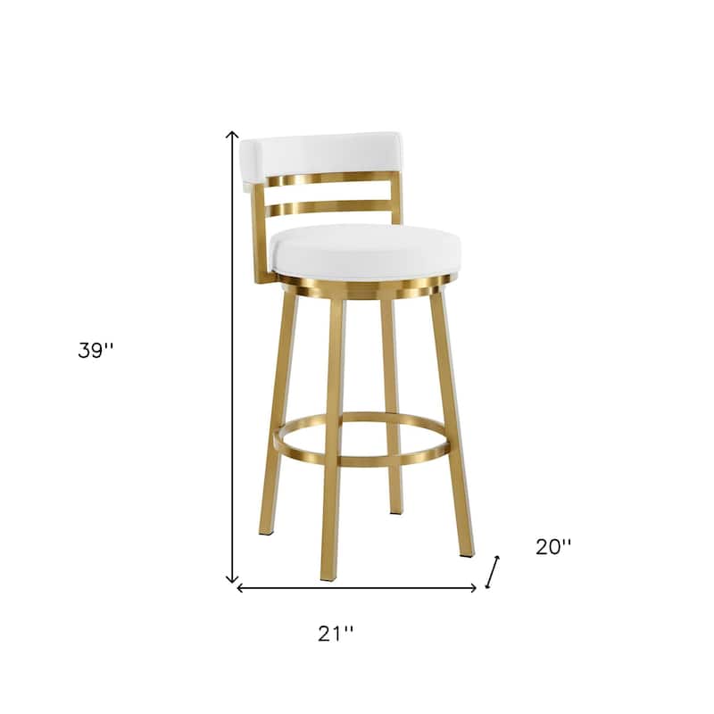 HomeRoots 30" White and Gold Faux Leather and Stainless Steel Low Back Bar Height Swivel Bar Chair