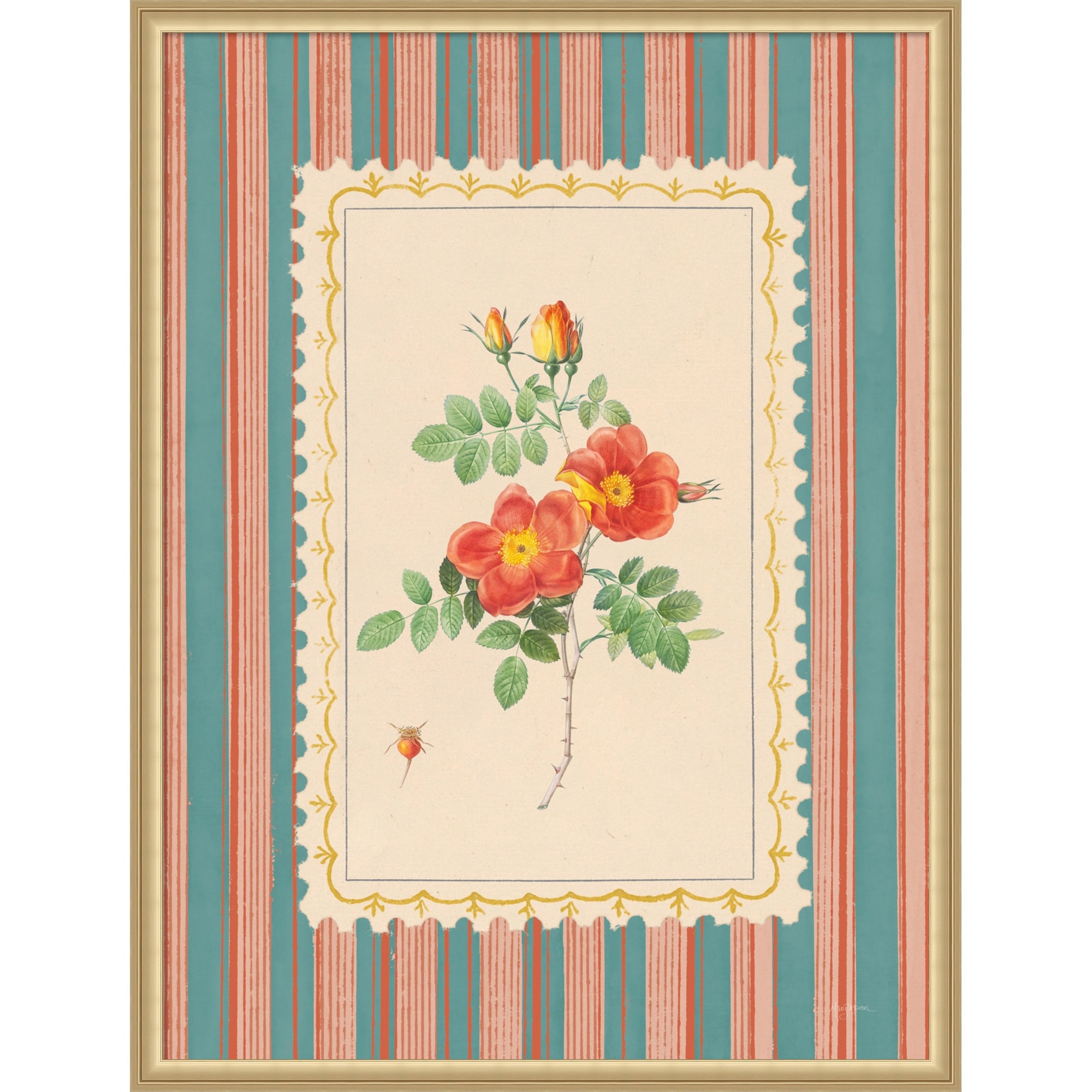 Vintage Striped Flowers IV by Mary Urban Framed Mounted Canvas Wall Art Print