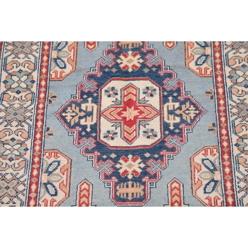 Kazak Oriental Accent Rug Handmade Blue Geometric Wool Carpet - 3'4"x 4'6"