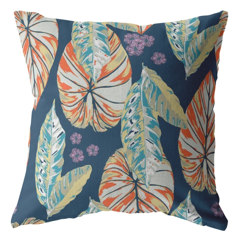 16" Orange Blue Tropical Leaf Suede Throw Pillow