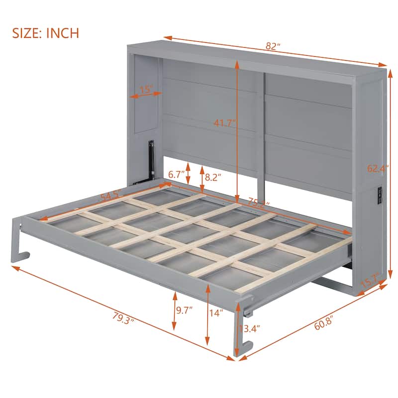 Murphy Bed Cabinet Bed with Circular Carving Pattern and Built-in Charging Station for a Multi-use Guest Room, Home Office