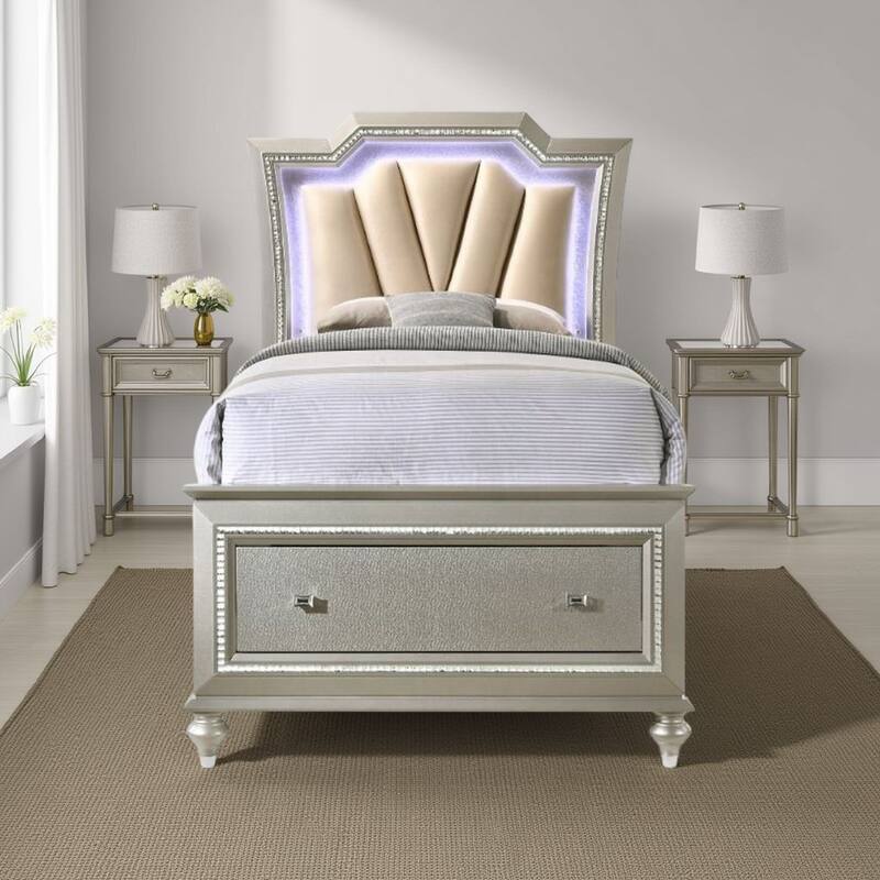 Full Bed with 1 Drawer and Padded Headboard, Champagne Gold
