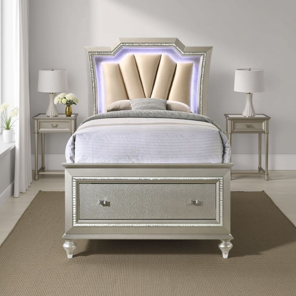 Full Bed with 1 Drawer and Padded Headboard, Champagne Gold