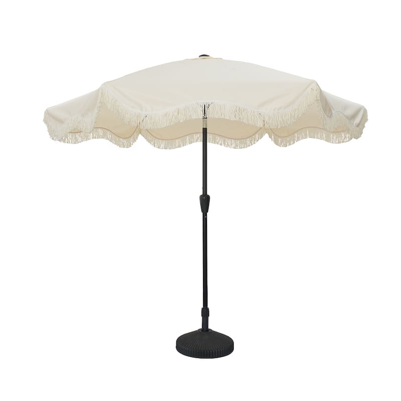 Clihome 9 Ft. Bohemian Fringed Patio Market Umbrella - White With C-base