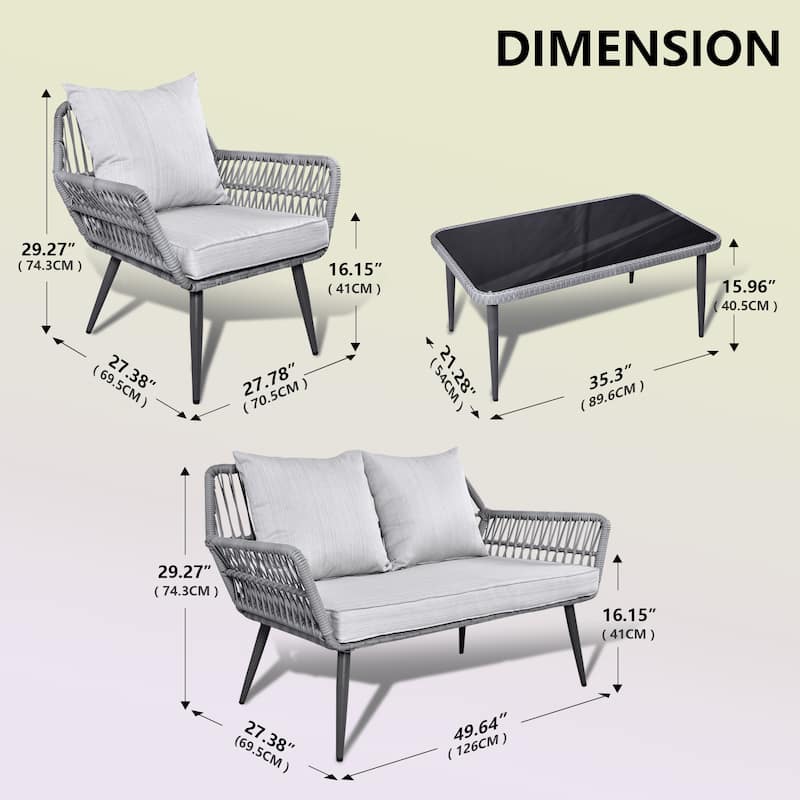 4 Piece Outdoor Patio Furniture Sets, Wicker Conversation Set for Porch Deck, Gray Rattan Sofa Chair with Cushion&Table