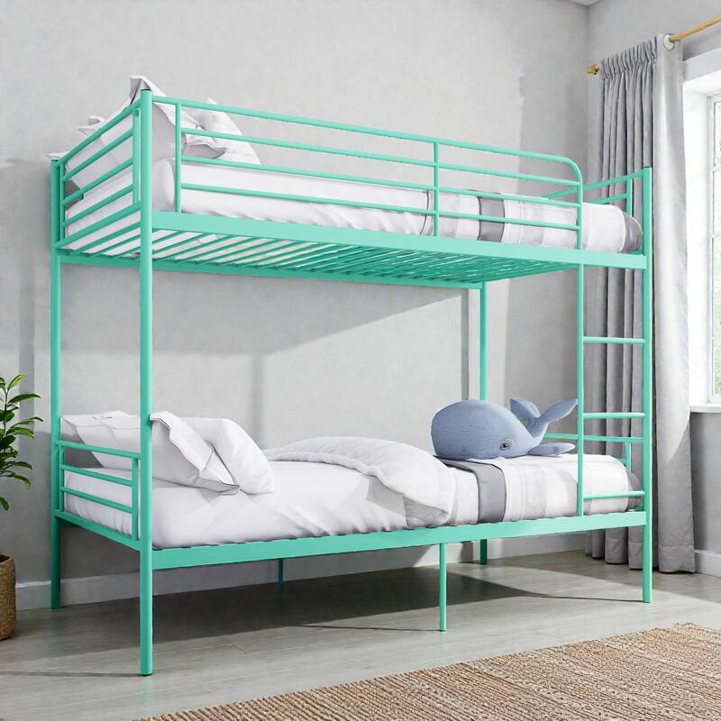 Twin Over Twin Metal Bunk Bed with Ladder and High Guardrails, Convertible to 2 Twin Beds, Noise-Free Design