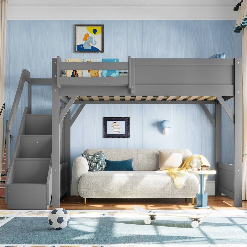Twin Size Loft Bed with Built-in Wardrobe and Storage Space, Solid Wood Loft Bed with Beside Shelves