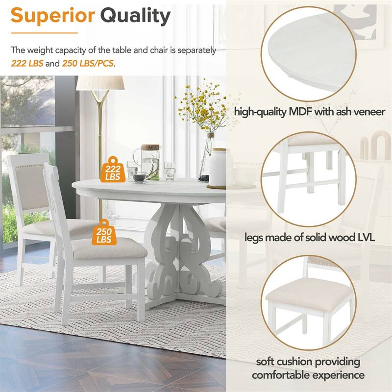 5-Piece Retro Dining Set, Extendable Table and 4 Upholstered Chairs