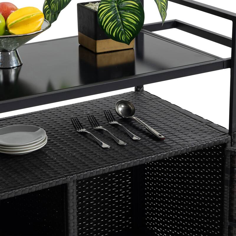 Anmytek Rolling Outdoor Wicker Bar Cart Rattan Beverage Serving Cart with Wheels Glass Top Black for Patio Poolside