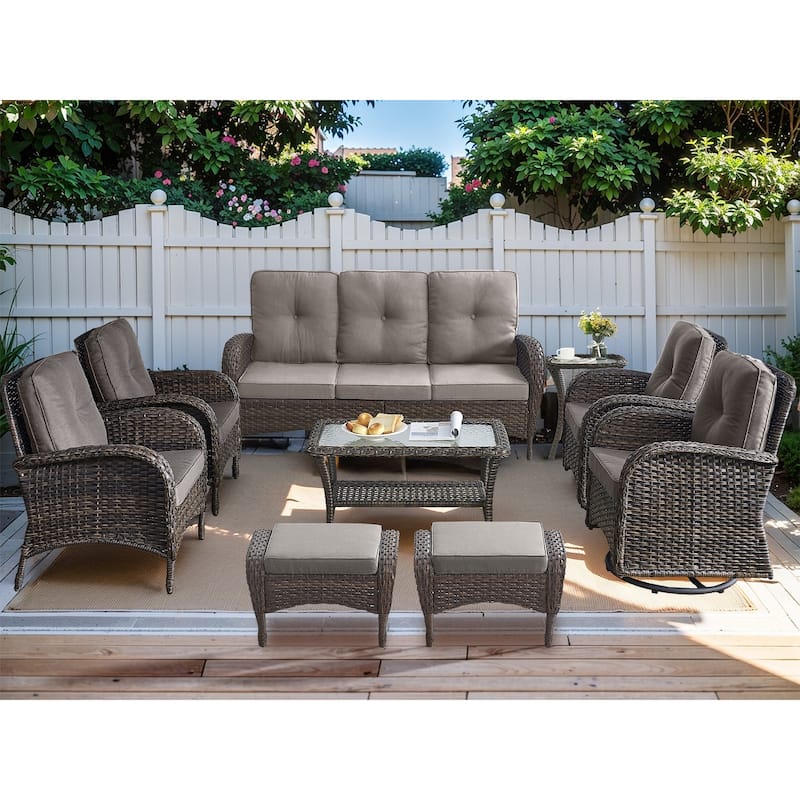 9-Piece SofaPatio Wicker Swivel Chair with Glass-Top Tables - Brown - Grey