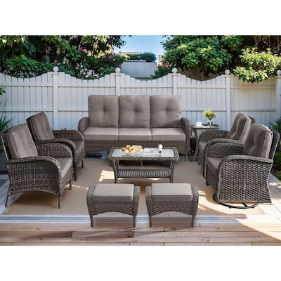 9-Piece SofaPatio Wicker Swivel Chair with Glass-Top Tables