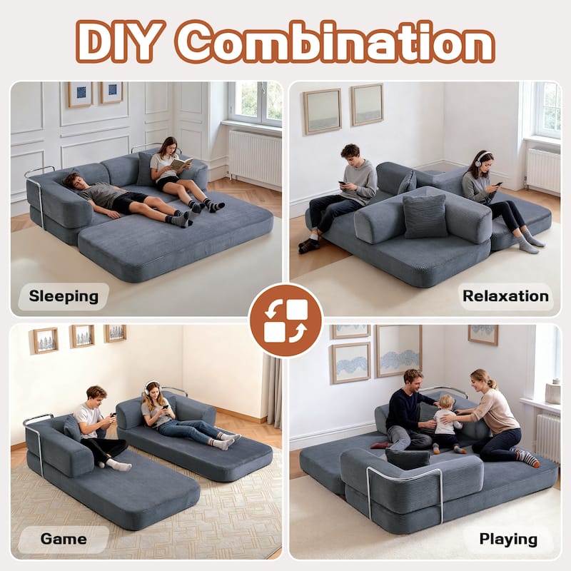 Convertible Floor Couch Sofa Bed with Blanket Pillow, Compressed Modular Lounge Sleeper for Living Room Bedroom