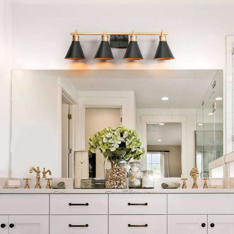 Reuel Modern Black Gold Vanity Light Bathroom 4-Light Metal Wall Sconce for Powder Room - 30.5'' L x 7.5'' W x 8.5'' H