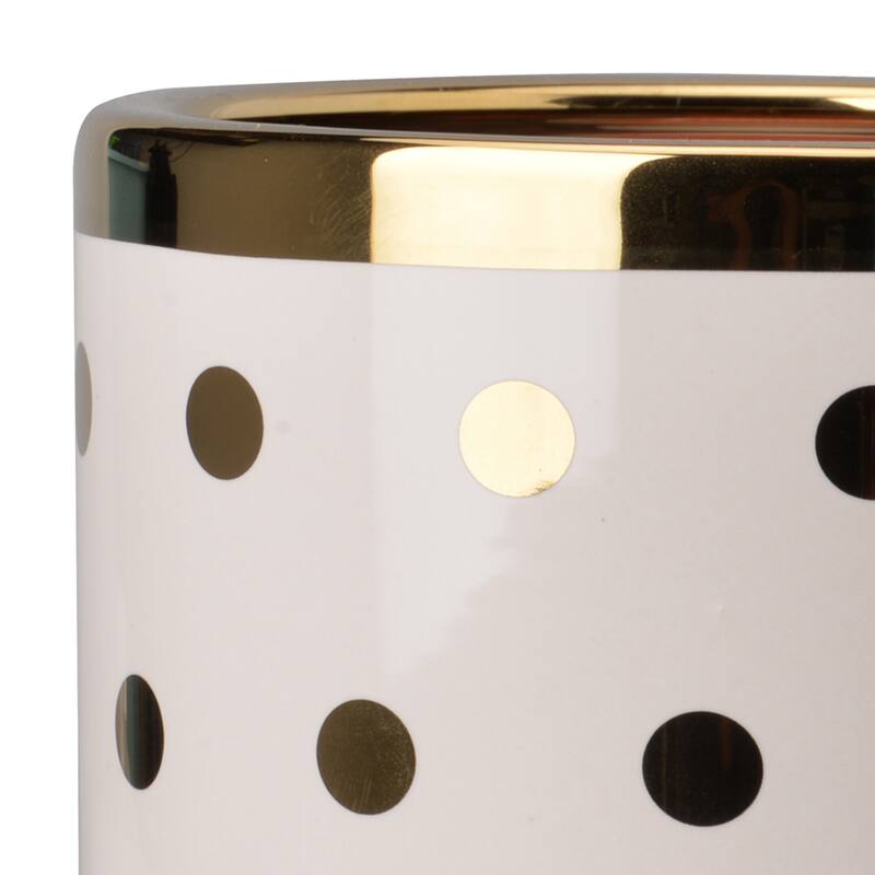 Ceramic Cylindrical Planter with Polka Dots Pattern, White and Gold