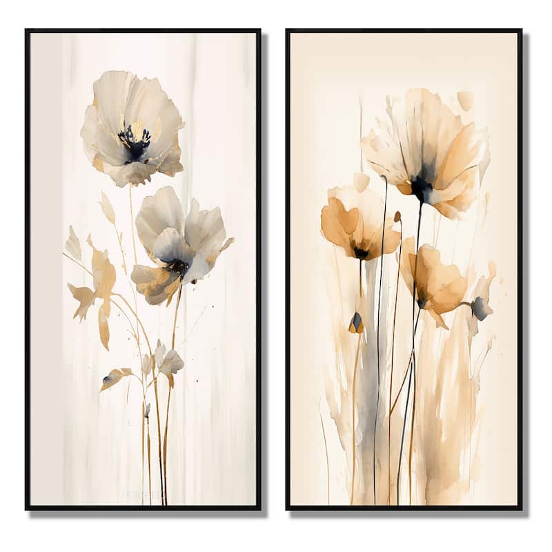 Designart "Vibrant Poppies" Floral Framed Wall Art Set Of 2 - White Wall Art Set Of 2