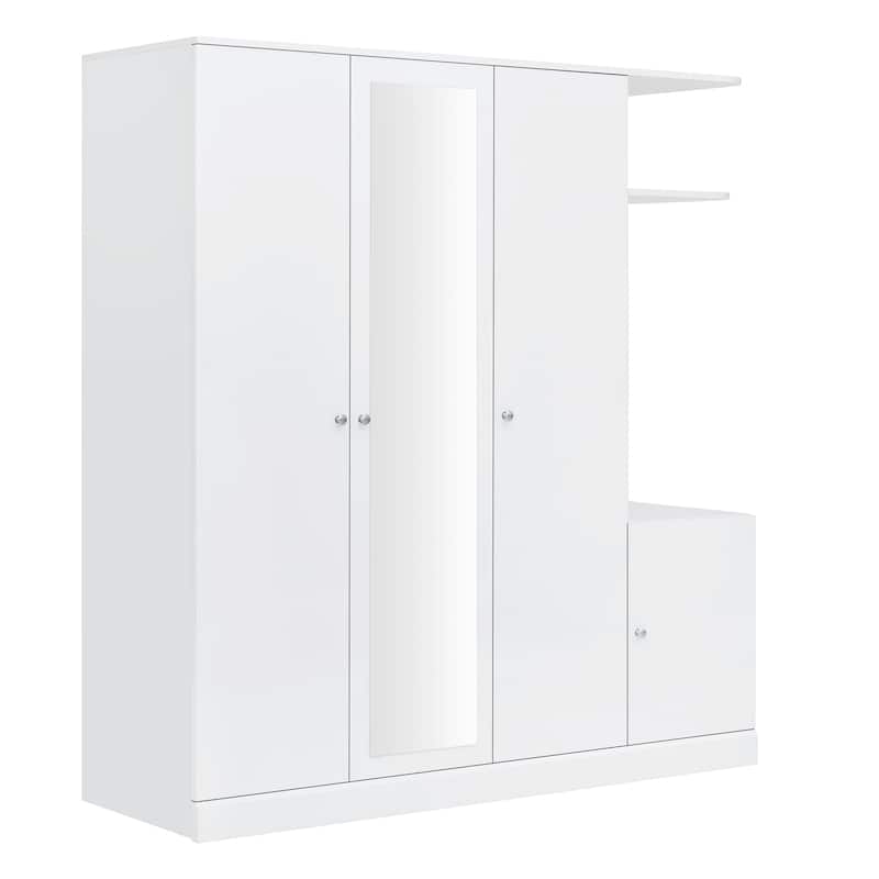 Freestanding Wardrobe with Full-Length Mirror, Shelves & Drawer, 4-Door Armoires Bedroom Storage Cabinet