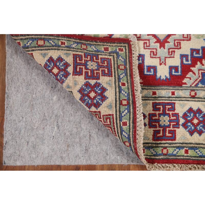 Hand Knotted Oriental 100% Wool Carpet Traditional Geometric Red Kazak Runner Rug - 8' 7'' X 2' 8''