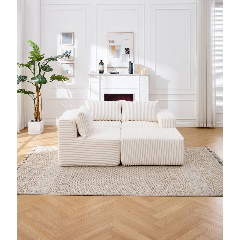 L-Shape Sectional Sofa with Ottoman, Fabric Upholstered Floor Cloud Couch, Modular Corner 3 Seat Sofa with Deep Seat