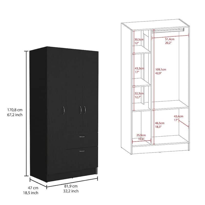 FM FURNITURE Crete 2-Piece Bedroom Set with Armoire and Dresser, Black/Pine