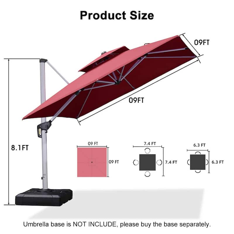 PURPLE LEAF Double Top Deluxe Square Patio Cantilever Umbrella 360 Degree Rotation 9ft/10ft/11ft/12ft Outdoor Classic Umbrella