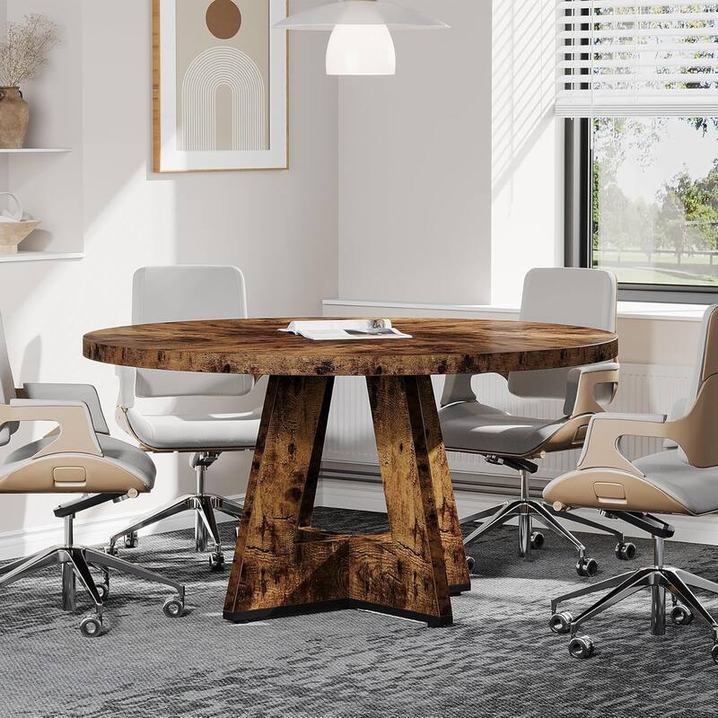 47" Round Conference Table Meeting Room Table with Thickened Top Wood Base Modern Training Desk for Conference/Seminar Room