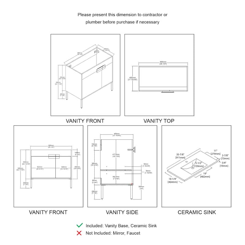 Blossom Bari 36 Inch Freestanding Wood Bathroom Vanity Cabinet w/ Sink