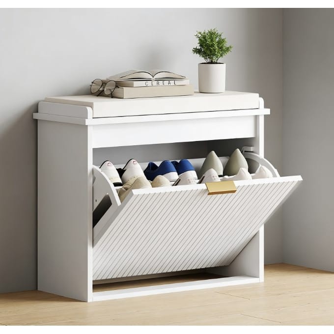 Shoe Storage Bench with Cushioned Seat and Flip Drawer Entryway Organizer