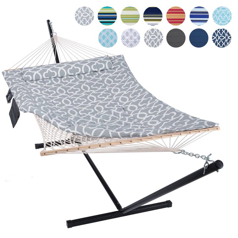 Hammock Double Hammock with Stand, Two Person Cotton Rope Hammock - 147.6(L)*52(W)*47.6(H) - Light Gray