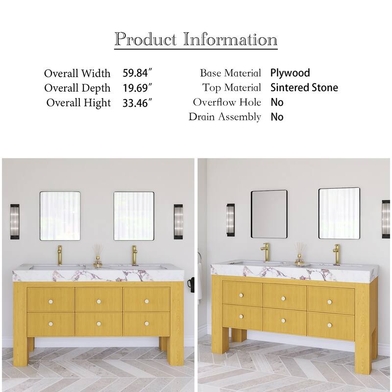 60" Freestanding Bathroom Vanity with 2 Ceramic Sinks - 59.84'' x 19.69'' x 33.46''