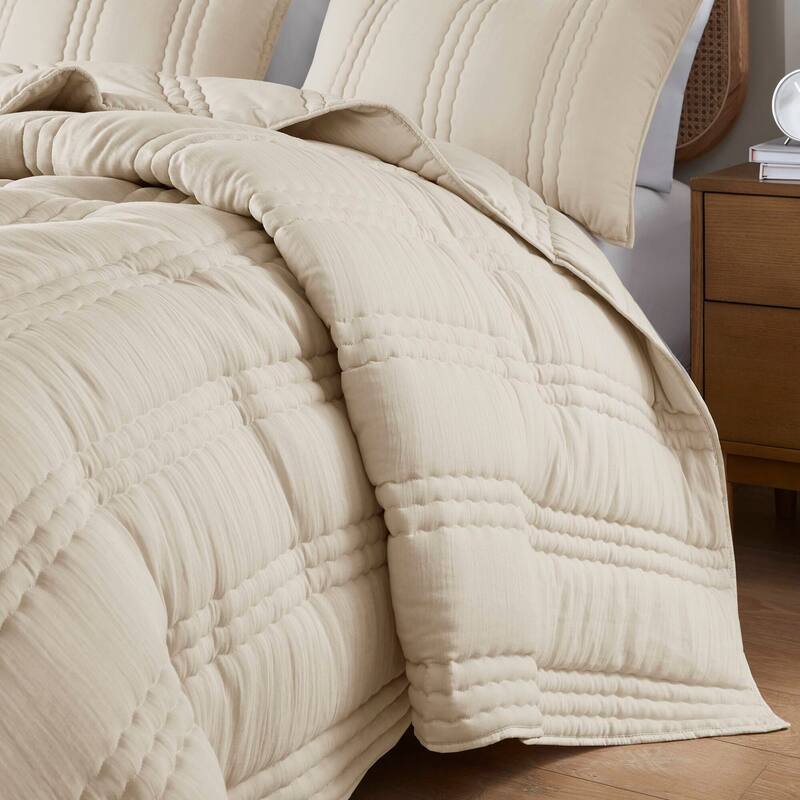 3 PCS King/Cal King Poly Gauze Quilt Set Natural