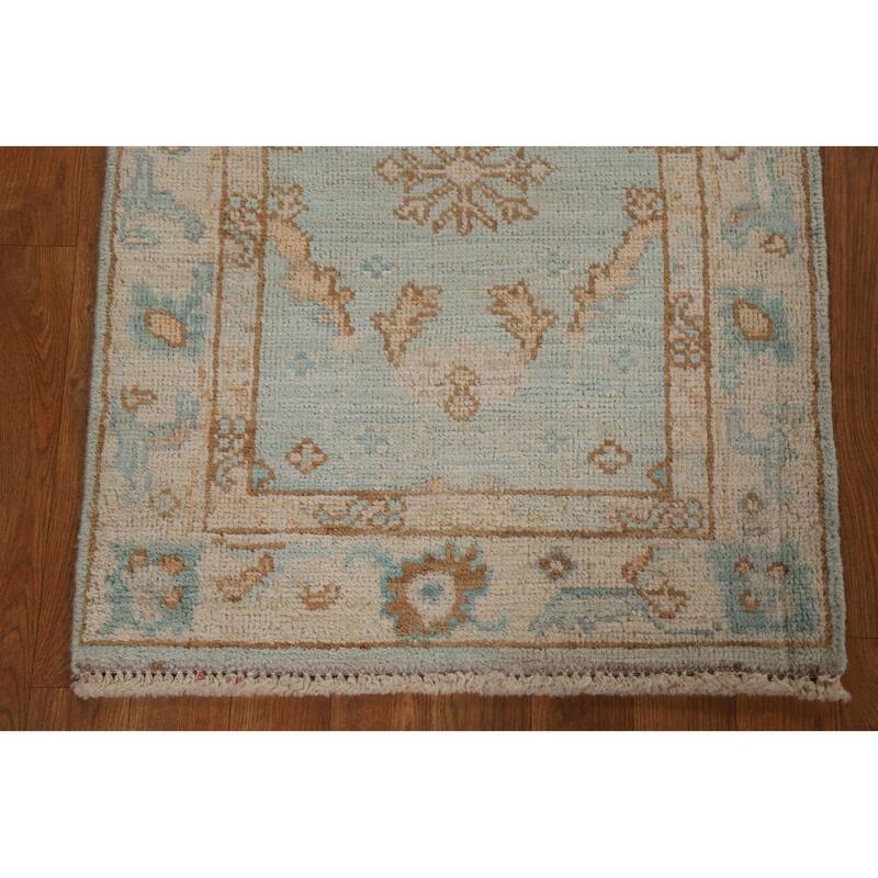 Hand Knotted Oriental 100% Wool Carpet Transitional Geometric Navy Blue & Blues Oushak Area Rug - 2' 11'' X 2' 1''