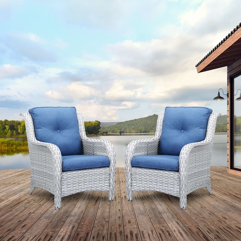 Gymojoy Wicker Patio Club Chairs with Olefin Weather-Resistant Cushions - 2-Piece - Light Gray Wicker / Blue Cusion