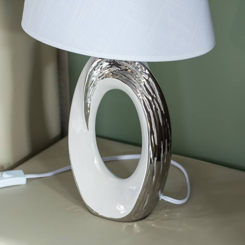19" Decorative Ceramic Table Lamp, with Silver and White Oval Stand and White Cotton Lampshade
