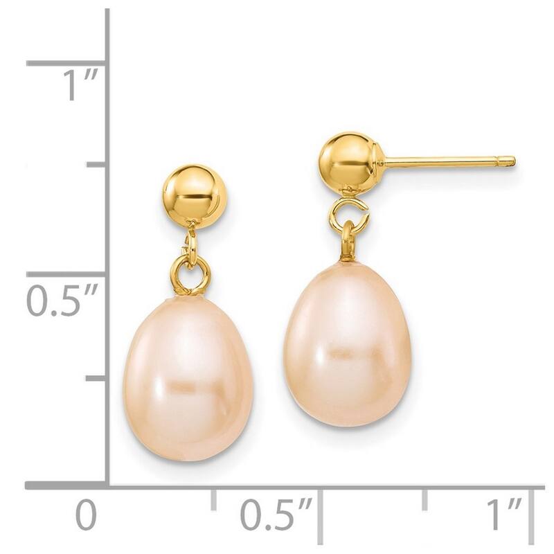 Curata 14k Yellow Gold Post Earrings 8-8.5mm Pink Freshwater Cultured Pearl Dangle Earrings (17x8.5mm)