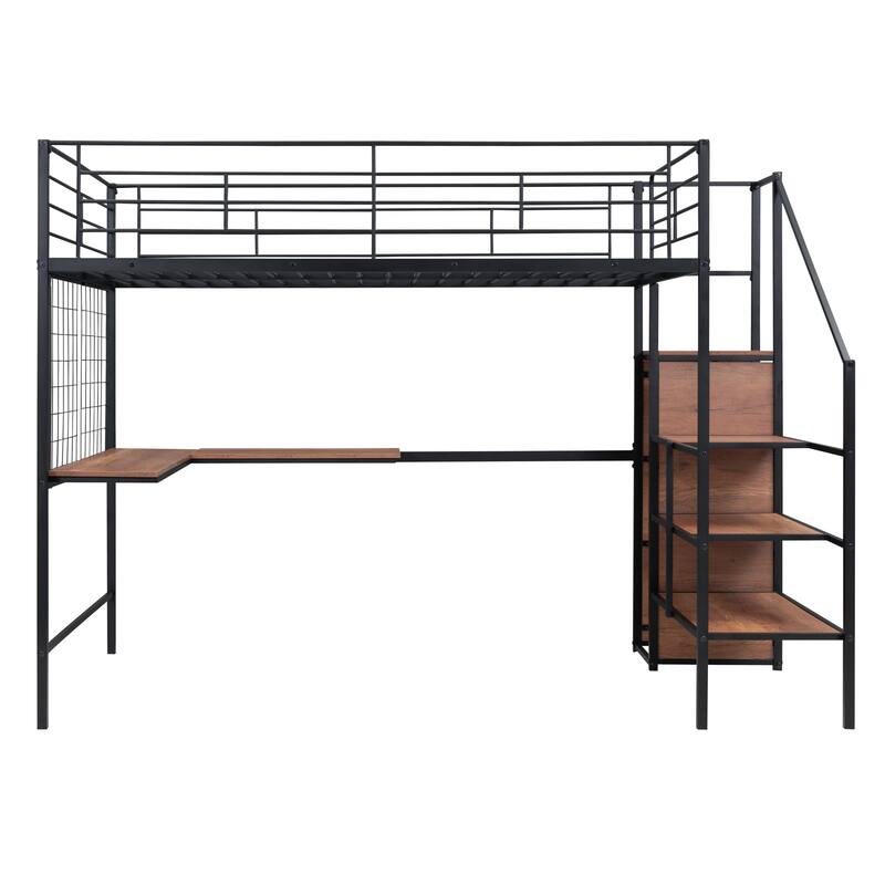 Twin/Full Size Metal Loft Bed with Lateral Storage Ladder, Desk, Wardrobe, and Metal Grid, Modern Style - Black/White