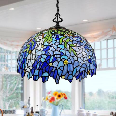 Rikkie 2-Light Wisteria Design Stained Glass Shade Tiffany-Style Pendant Lamp