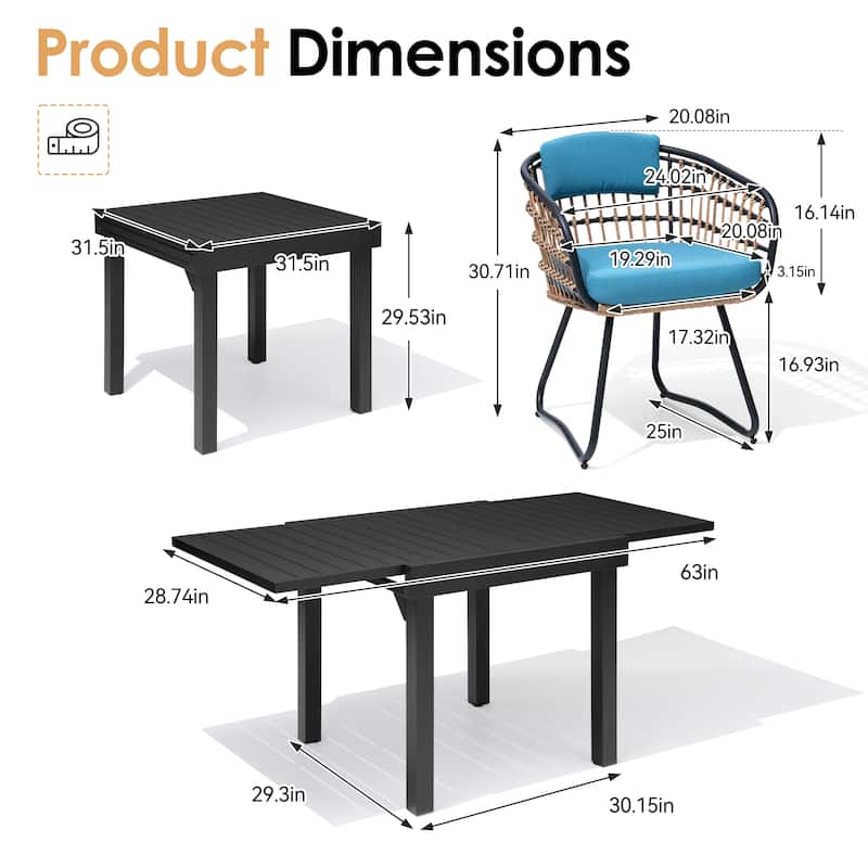 5/7/11PC Outdoor Patio Extendable Table Dining Sets with Rattan Chairs