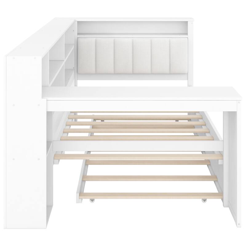 Wood Daybed with Desk, LED Upholstered Headboard, Storage Shelves Built-in Charging Station, Optional Drawers or Trundle