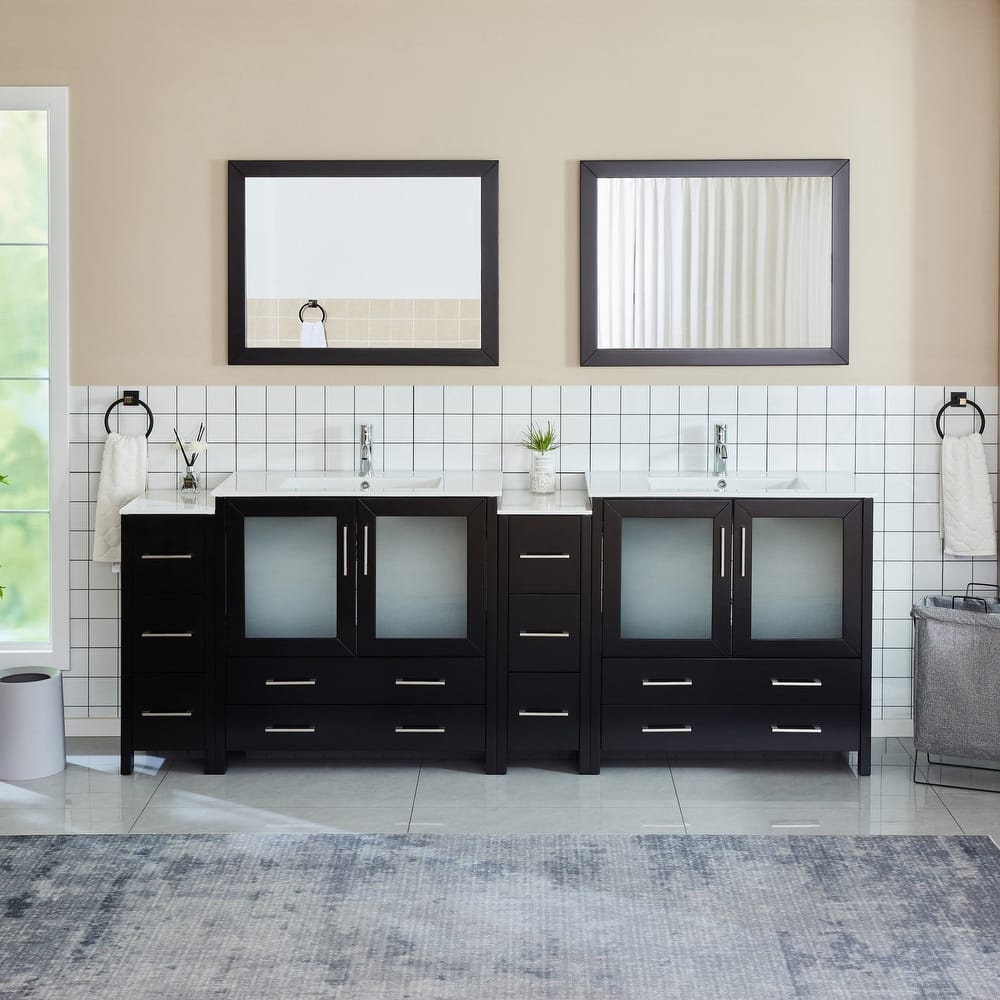 Vanity Art 96" Double Sink Bathroom Vanity Set 10 Dove-Tailed Drawers, 3 Cabinets, 2 Shelves Soft-Closing Doors with Free Mirror